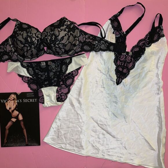 Victoria's Secret S SLIP Nigh Gown WHITE Black lace animal Print Bow FABULOUS - Picture 1 of 8